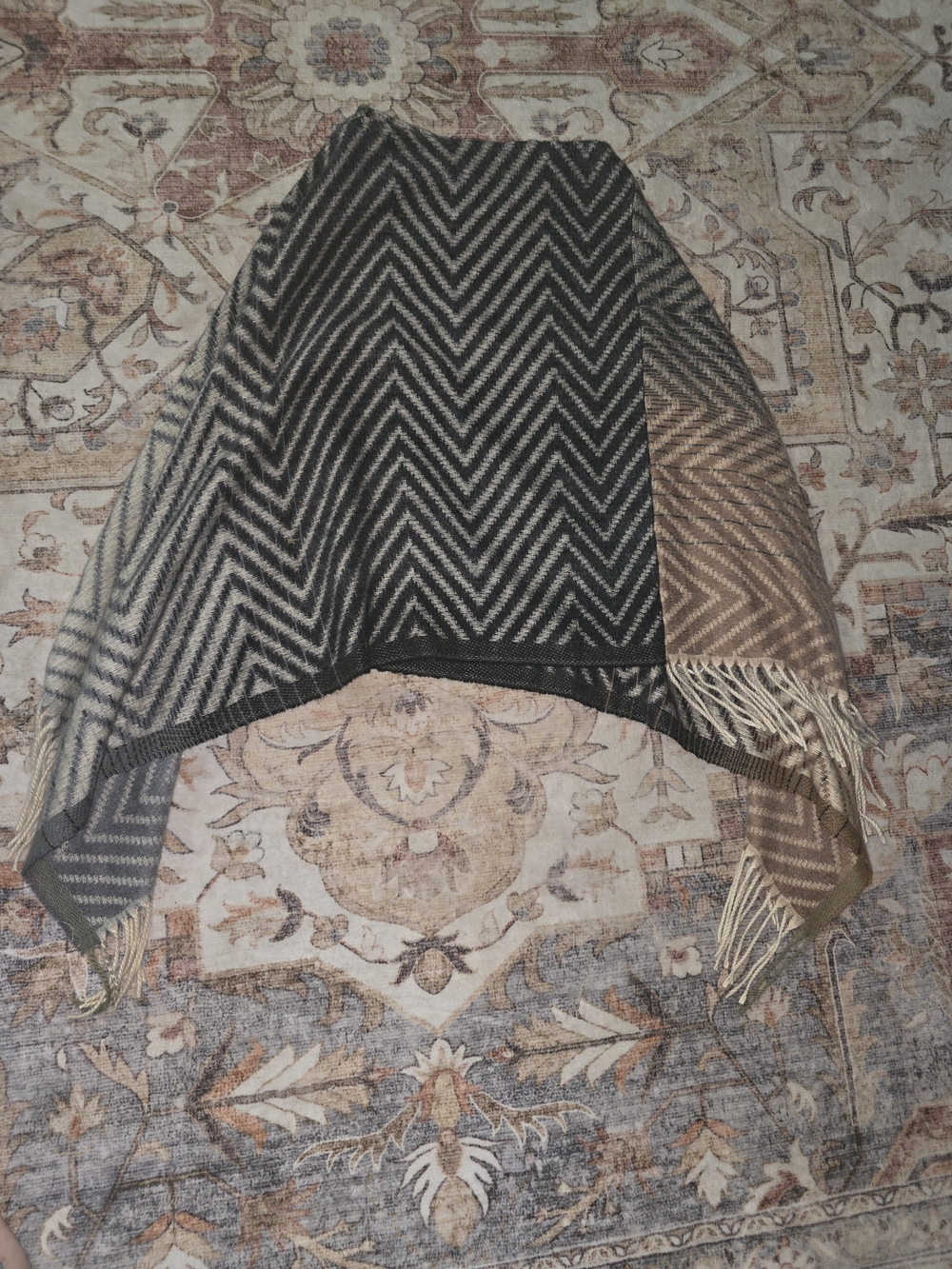 Chevron Fringe Poncho in Black and Brown